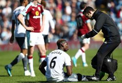 Paul Pogba of Manchester United receives treatment for his injury during the Premier League match between Burnley and Manchester United played at Turf Moor, Burnley, on 23rd April 2017