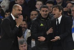 epa05891038 Chelsea's manager Antonio Conte (R) and Manchester City's manager Pep Guardiola (L) react during the English Premier League soccer match between Chelsea FC and Manchester City at Stamford Bridge in London, Britain, 05 April 2017.  EPA/WILL OLIVER EDITORIAL USE ONLY. No use with unauthorized audio, video, data, fixture lists, club/league logos or 'live' services. Online in-match use limited to 75 images, no video emulation. No use in betting, games or single club/league/player publications