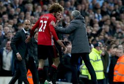 epa05931795 Manchester United's Marouane Fellaini (C) reacts with manager Jose Mourinho (R) after being sent off for head butting Manchester City's Sergio Aguero during the English Premier League soccer match between Manchester City and Manchester United at the Etihad Stadium in Manchester, Britain, 27 April 2017.  EPA/NIGEL RODDIS EDITORIAL USE ONLY. No use with unauthorized audio, video, data, fixture lists, club/league logos or 'live' services. Online in-match use limited to 75 images, no video emulation. No use in betting, games or single club/league/player publications