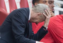 Arsene Wenger the manager of Arsenal with his head in his hands   during the Premier League  match between Arsenal and  Manchester United played at The Emirates Stadium, London on  7th May  2017