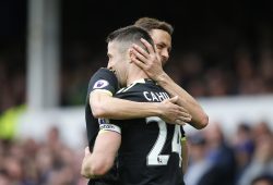 Nemanja Matic celebrates the fourth goal with goal scorer Gary Cahill during the Premier League match between Everton and Chelsea played at Goodison Park, Liverpool on the 30th April, 2017
