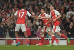 Alexis Sanchez of Arsenal celebrates his goal with team-mates Alex Iwobi and Mesut Ozil, 2-0, during the Premier League match between Arsenal and Sunderland played at The Emirates Stadium, London on 16th May 2017