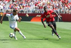 Manchester United Midfielder Paul Pogba battles for the ball during the AON Tour 2017 match between Real Madrid and Manchester United at the Levi's Stadium, Santa Clara