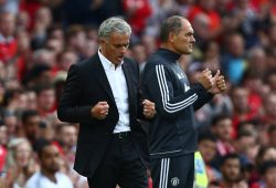 Jose Mourinho, manager of Manchester United clenches his fists in celebration