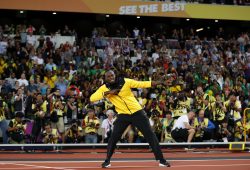 (170814) -- LONDON, Aug. 14, 2017 (Xinhua) -- Usain Bolt of Jamaica gestures at the finish line of 100m on Day 10 of the 2017 IAAF World Championships at London Stadium in London, Britain, on Aug. 13, 2017.  (Xinhua/Wang Lili)PHOTOGRAPH BY Xinhua / Barcroft Images

London-T:+44 207 033 1031 E:hello@barcroftmedia.com -
New York-T:+1 212 796 2458 E:hello@barcroftusa.com -
New Delhi-T:+91 11 4053 2429 E:hello@barcroftindia.com www.barcroftimages.com