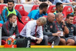 epa06166667 Arsenal manager Arsene Wenger (C) reacts during the English Premier League soccer match between Liverpool FC and Arsenal FC at Anfield in Liverpool, Britain, 27 August 2017.  EPA-EFE/PETER POWELL EDITORIAL USE ONLY. No use with unauthorized audio, video, data, fixture lists, club/league logos or 'live' services. Online in-match use limited to 75 images, no video emulation. No use in betting, games or single club/league/player publications