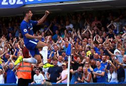 Alvaro Morato (C) leaps in the air in celebration in front of the Chelsea fans after scoring the second Chelsea goal (2-0) at the Chelsea v Everton English Premier League match at Stamford Bridge, London, on August 27, 2017.