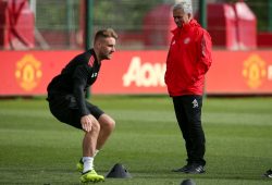 Manchester United manager Jose Mourinho watches Luke Shaw train