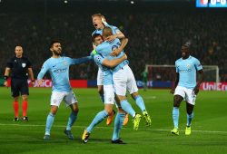 John Stones of Manchester City celebrates scoring a goal to make the score 0-1