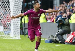 Sergio Aguero of Manchester City celebrates scoring his sides fifth  goal