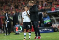 Jurgen Klopp manager of Liverpool  instructs   Philippe Coutinho of Liverpool