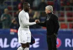 Jose Mourinho manager of Manchester United shakes hands with  Romelu Lukaku of Manchester United