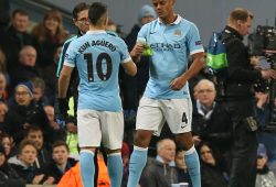 Vincent Kompany of Manchester City hands Sergio Aguero of Manchester City the armband after going off with and injury during the Uefa Champions League match between Manchester City and Dynamo Kiev played at the Etihad Stadium, Manchester on March 15th 2016