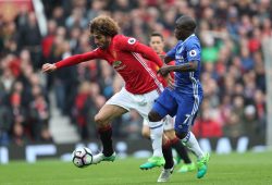 N?Golo Kante of Chelsea tackles Marouane Fellaini of Manchester United  during  the Premier League match between Manchester United and Chelsea  played at Old Trafford  , Manchester on 16th April 2017