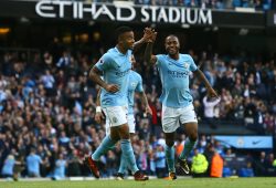Raheem Sterling of Manchester City celebrates scoring his sides second goal