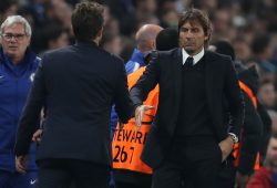 Chelsea Manager Antonio Conte shakes hands with Roma manager Eusebio Di Francesco