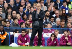 Pep Guardiola (Man City manager) at the English Premier League match between Chelsea and Manchester City at Stamford Bridge, London, on September 30, 2017. PUBLICATIONxNOTxINxUK