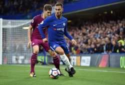 Eden Hazard of Chelsea is challenged by John Stones of Manchester City during the premier league match at the Stamford Bridge stadium, London. Picture date 30th September 2017. Picture credit should read: Robin Parker/Sportimage PUBLICATIONxNOTxINxUK DSC_0949.JPG