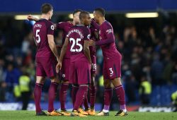 epa06236697 Manchester City's players celebrate after the English Premier League soccer match between Chelsea and Manchester City at Stamford Bridge in London, Britain 30 September 2017.  EPA-EFE/NEIL HALL EDITORIAL USE ONLY. No use with unauthorized audio, video, data, fixture lists, club/league logos or 'live' services. Online in-match use limited to 75 images, no video emulation. No use in betting, games or single club/league/player publications