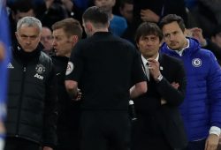 Referee Michael Oliver has a word with Chelsea Manager Antonio Conte and Manchester United manager Jose Mourinho during the Emirates FA Cup quarter final match between Chelsea and Manchester United played at Stamford Bridge, London, on 13th March 2017