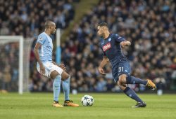 17th October 2017, Etihad Stadium, Manchester, England; UEFA Champions League, Manchester City versus Napoli; Faouzi Ghoulam of Napoli takes on Fernandinho of Manchester City PUBLICATIONxINxGERxSUIxAUTxHUNxSWExNORxDENxFINxONLY ActionPlus11941192