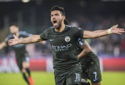 1st November 2017, Stadio San Paolo, Naples, Italy; UEFA Champions League, Napoli versus Manchester City; Forward Sergio Aguero of Manchester City celebrates his goal after scoring PUBLICATIONxINxGERxSUIxAUTxHUNxSWExNORxDENxFINxONLY ActionPlus11946988