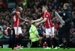 Ashley Young of Manchester United is replaced by Luke Shaw during the Premier League match between Manchester United and Everton played at Old Trafford, Manchester, on 4th April 2017