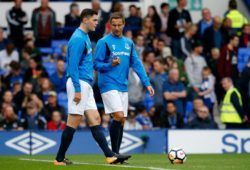 Everton's Phil Jagielka talks with Michael Keane