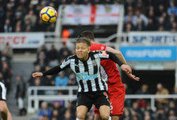 Dwight Gayle of Newcastle United battles with Wesley Hoedt of Southampton during Newcastle United vs Southampton, Premier League Football at St. James' Park on 10th March 2018