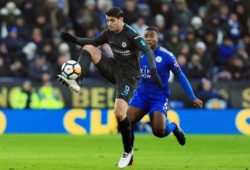 Alvaro Morata of Chelsea and Wes Morgan of Leicester City