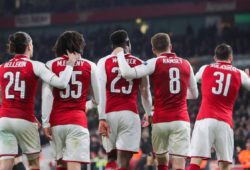 (180316) -- LONDON, March 16, 2018 -- Danny Welbeck (C) of Arsenal celebrates scoring with teammates during the UEFA Europa League round of 16 second-leg match against AC Milan at the Emirates Stadium in London, Britain on March 15, 2018. Arsenal beat AC Milan 3-1 and advanced to the quarterfinal with a 5-1 aggregate. ) (SP)BRITAIN-LONDON-SOCCER-EUROPA LEAGUE-ARSENAL VS AC MILAN RichardxWashbrooke PUBLICATIONxNOTxINxCHN