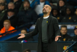 epa06587748 Manchester City's head coach Pep Guardiola reacts during the UEFA Champions League round of 16 second leg soccer match between Manchester City and Basel FC in Manchester, Britain, 07 March 2018.  EPA-EFE/Peter Powell
