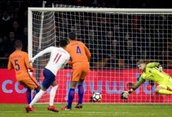 epa06625150 Jesse Lingard (2-L) from England scores the 0-1 during the friendly soccer match between the Netherlands and England at the ArenA in Amsterdam, the Netherlands, 23 March 2018.  EPA-EFE/KOEN VAN WEEL