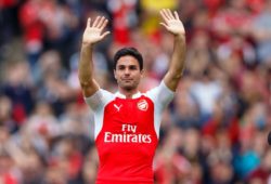 Mikel Arteta cries after making his last Arsenal game during the Barclays Premier League match between Arsenal and Aston Villa played at The Emirates Stadium, London on May 15th 2016