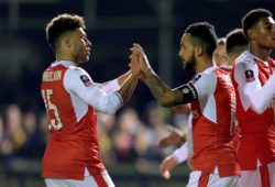 Theo Walcott of Arsenal celebrates with team mate, Alex Oxlade-Chamberlain after scoring making it 0-2 - Sutton United v Arsenal, The Emirates FA Cup Fifth round, The Borough Sports Ground, Sutton - 20th February 2017.