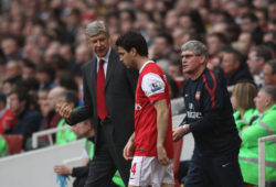 Arsenal Manager Arsene Wenger and Assistant Pat Rice Speak with Cesc Fabregas of Arsenal As He Prepares to Take to the Pitch United Kingdom London