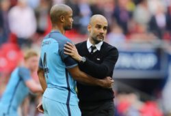 Manager of Manchester City, Pep Guardiola consoles Vincent Kompany after the defeat to Arsenal - Arsenal v Manchester City, The Emirates FA Cup Semi Final, Wembley Stadium, London - 23rd April 2017.