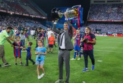 FC Barcelona??s Spanish coach Luis Enrique with the trophy after winning the Copa del Rey
 at the Vicente Calderon Stadium in Madrid, Saturday, May 27, 2017.