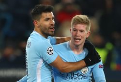 Sergio Aguero of Manchester City celebrates scoring his sides third goal with team-mate  Kevin De Bruyne of Manchester City