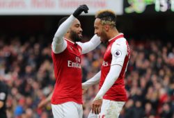 Alexandre Lacazette of Arsenal celebrates with Pierre-Emerick Aubameyang after scoring his sides third goal from a penalty, putting Arsenal 3-0 ahead - Arsenal v Stoke City, Premier League, Emirates Stadium, London - 1st April 2018.