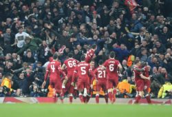 Liverpool players celebrate a goal for 9 Roberto Firmino for Liverpool FC during the Champions League match between Manchester City and Liverpool at the Etihad Stadium, Manchester. Picture by Graham Holt