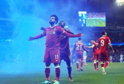 Mohamed Salah of Liverpool celebrates after scoring the equalising goal to make it 1-1