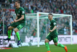 15.04.2018, Football 1. Bundesliga 2017/2018, 30.  match day, SV Werder Bremen - RB Leipzig, Weserstadium Bremen. celebration  scorer Niklas Moisander (Werder Bremen) and Milot Rashica (Werder Bremen)   1:0