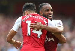 Alexandre Lacazette of Arsenal  celebrates scoring his sides fourth goal with team-mate   Pierre-Emerick Aubameyang  of Arsenal