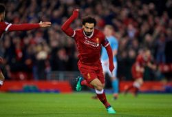 (180405) -- LIVERPOOL, April 5, 2018 -- Mohamed Salah of Liverpool celebrates scoring during the UEFA Champions League quarterfinal 1st Leg match between Liverpool and Manchester City at Anfield Stadium in Liverpool, Britain on April 4, 2018. Liverpool won 3-0. FOR EDITORIAL USE ONLY. NOT FOR SALE FOR MARKETING OR ADVERTISING CAMPAIGNS. NO USE WITH UNAUTHORIZED AUDIO, VIDEO, DATA, FIXTURE LISTS, CLUB/LEAGUE LOGOS OR LIVE SERVICES. ONLINE IN-MATCH USE LIMITED TO 45 IMAGES, NO VIDEO EMULATION. NO USE IN BETTING, GAMES OR SINGLE CLUB/LEAGUE/PLAYER PUBLICATIONS.) (SP)BRITAIN-LIVERPOOL-SOCCER-UEFA CHAMPIONS LEAGUE-LIVERPOOL VS MANCHESTER CITY HanxYan PUBLICATIONxNOTxINxCHN