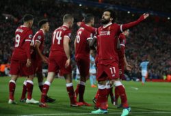 Mohamed Salah of Liverpool receives the fans acclaim after scoring the first goal during the Champions League Quarter Final 1st Leg, match at Anfield Stadium, Liverpool. Picture date: 4th April 2018. Picture credit should read: Simon Bellis/Sportimage PUBLICATIONxNOTxINxUK