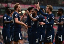 Harry Kane of Tottenham celebrates with his team mates after he scores to make it 2-1 during the EPL - Premier League match between Chelsea and West Ham United at Stamford Bridge, London, England on 8 April 2018. PUBLICATIONxNOTxINxUK Copyright: xPMIx PMI-1956-0026