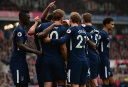 Harry Kane of Tottenham celebrates with his team mates after he scores to make it 2-1 during the EPL - Premier League match between Chelsea and West Ham United at Stamford Bridge, London, England on 8 April 2018. PUBLICATIONxNOTxINxUK Copyright: xPMIx PMI-1956-0027