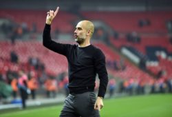 Manchester City Manager Josep Guardiola thanks the fans at the end of the premier league match at the Wembley Stadium, London. Picture date 14th April 2018. Picture credit should read: Robin Parker/Sportimage PUBLICATIONxNOTxINxUK DSC_4450.JPG