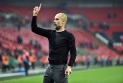 Manchester City Manager Josep Guardiola thanks the fans at the end of the premier league match at the Wembley Stadium, London. Picture date 14th April 2018. Picture credit should read: Robin Parker/Sportimage PUBLICATIONxNOTxINxUK DSC_4451.JPG